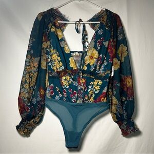 NWT Free People Floral Long Sleeve Teal Bodysuit xs
